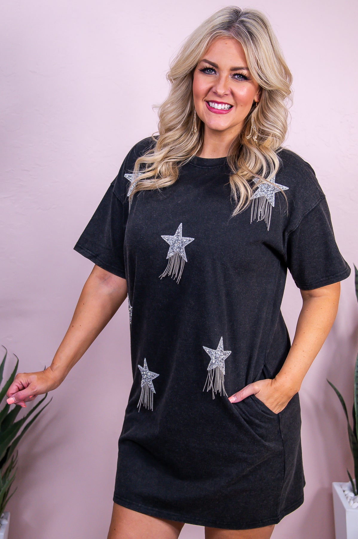 Under The Western Sky Black Silver Bling Studded Star T Shirt Dress D5453BK