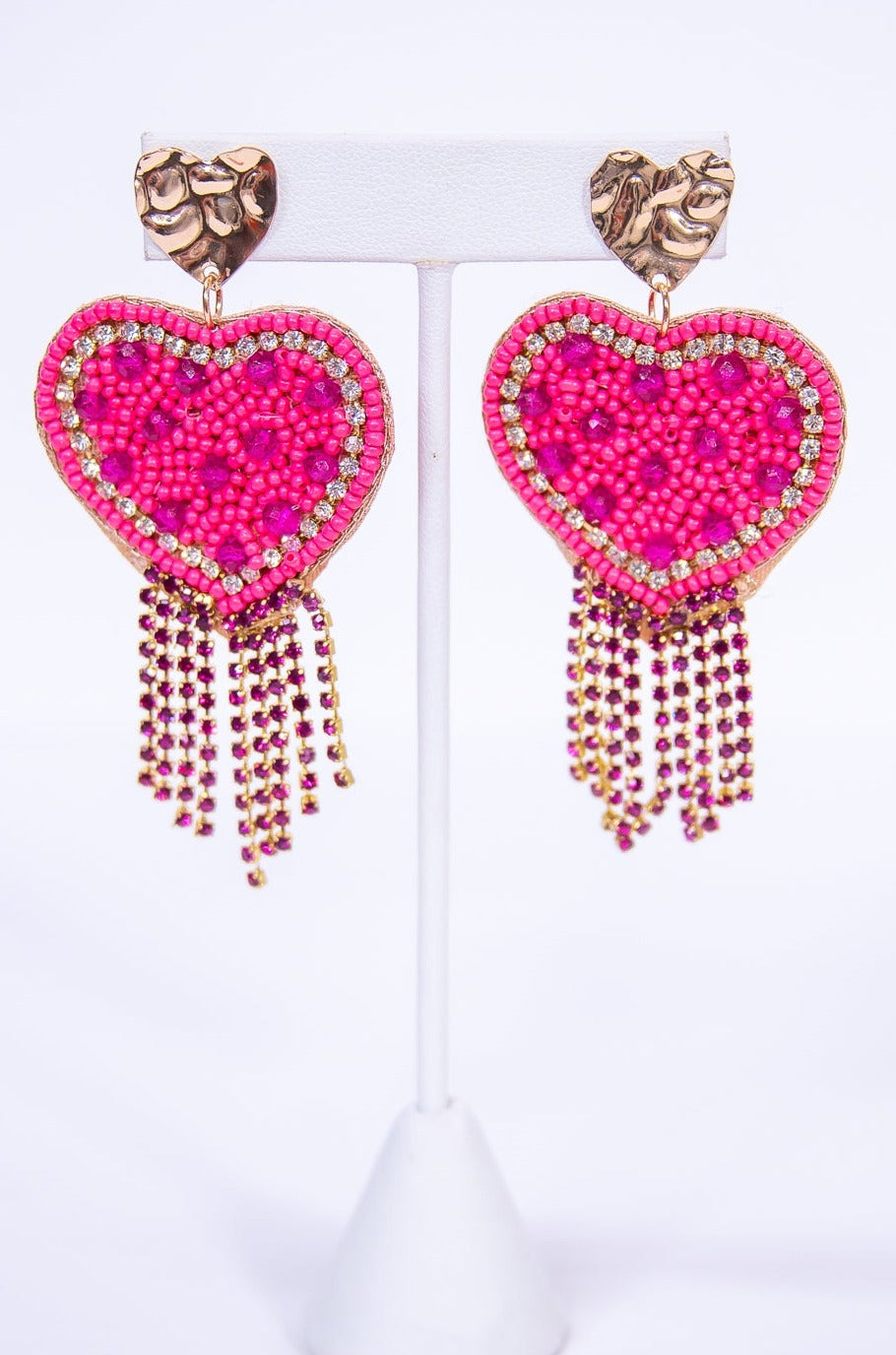 Hot Pink/Multi Color Rhinestone/Seed bead Heart Earrings - EAR4228HPK