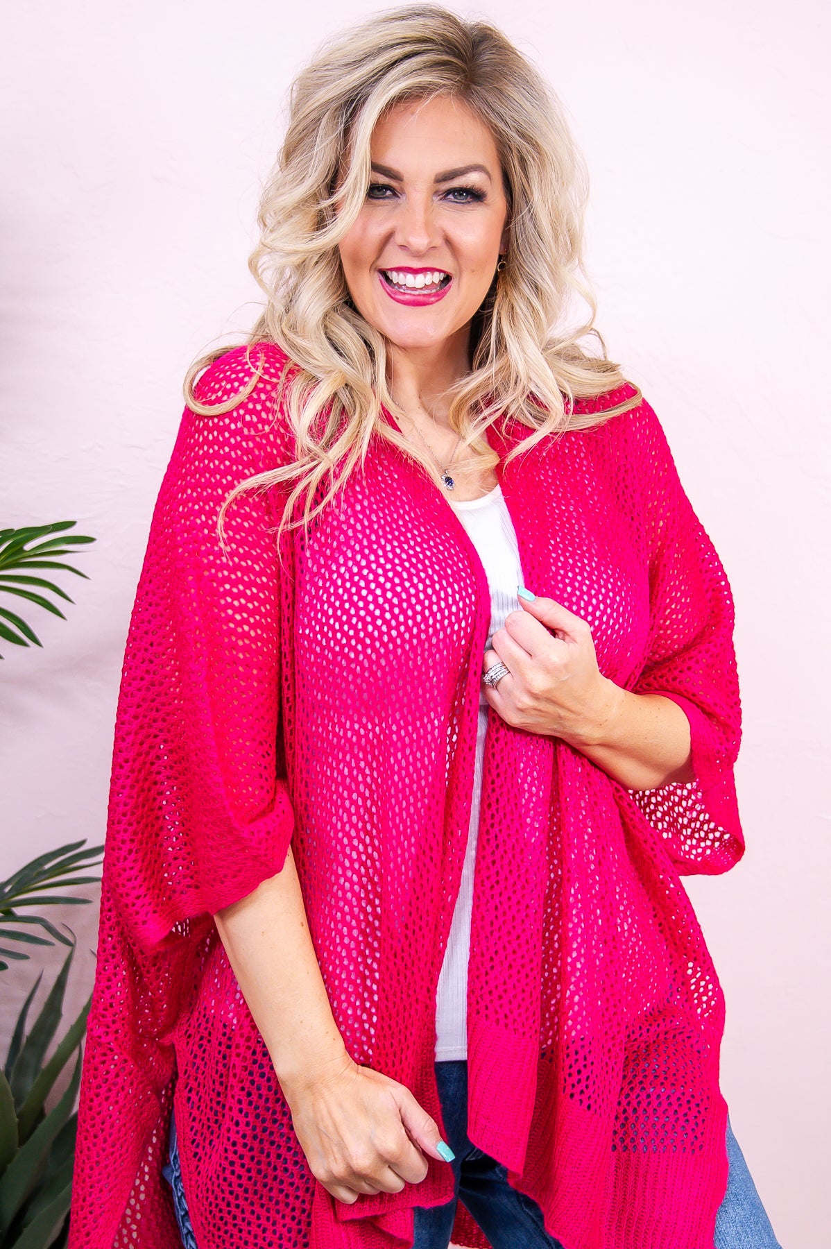 Beach Therapy Hot Pink Solid Knitted Asymmetrical Kimono (One Size 4-18) -  O5412HPK