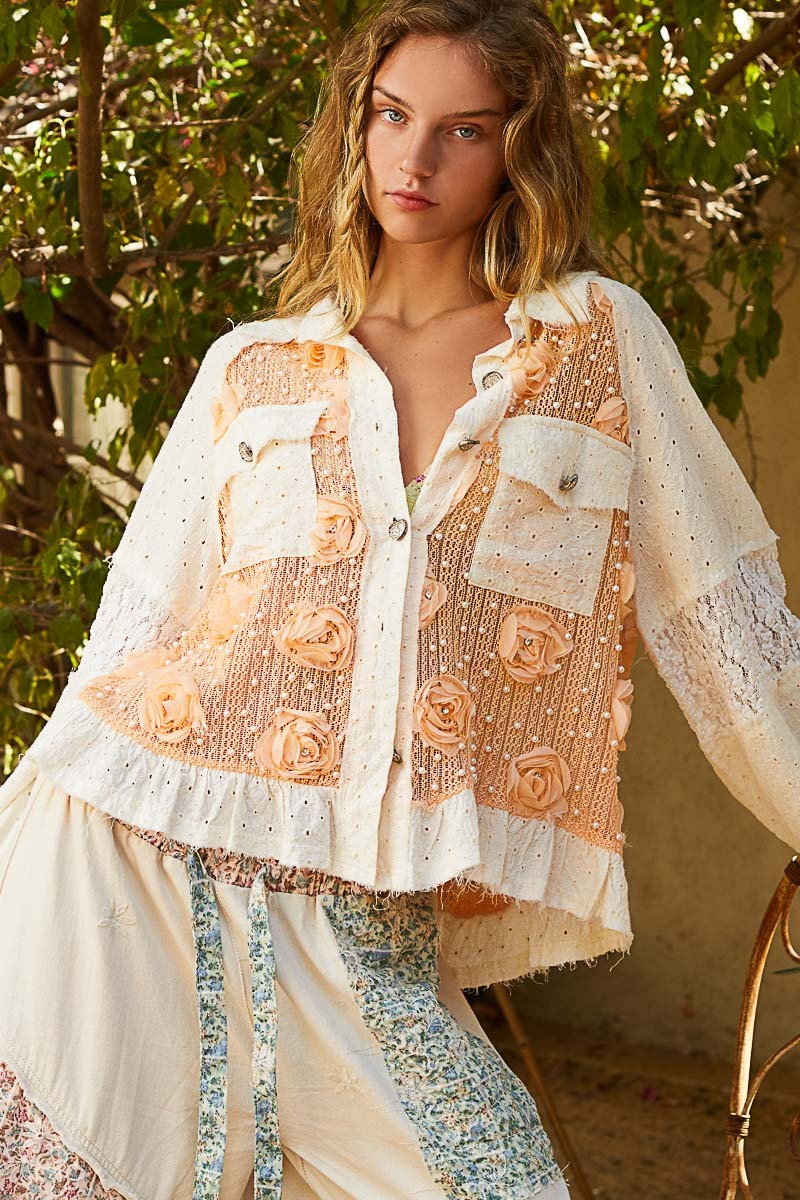 Lace And Grace Eyelet Flower Pearl Lace Patchwork Shirt