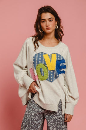 Love You More Heart Patch Slit French Terry Sweatshirt