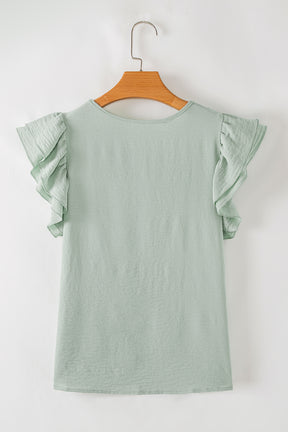 Aqua- Fresh Solid Color Ruffled Short Sleeve Casual Blouse