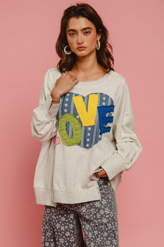 Love You More Heart Patch Slit French Terry Sweatshirt