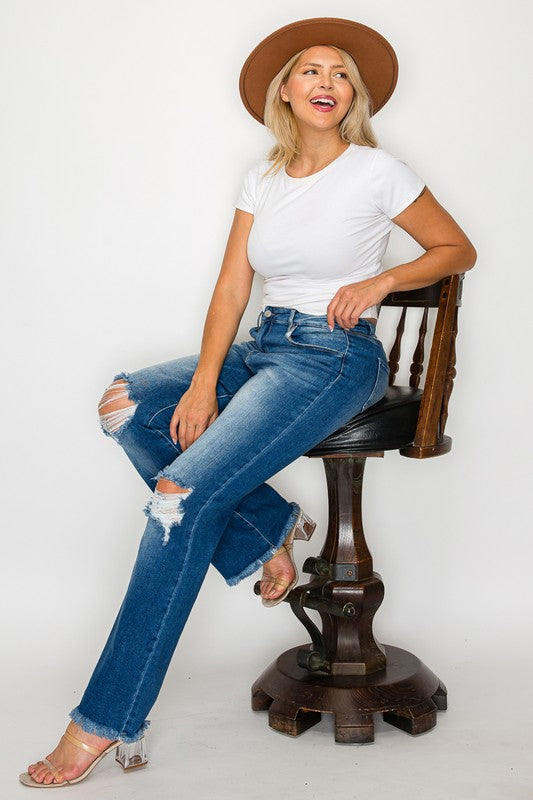 Mia Bytos Raw Hem Distressed High Rise Bootcut Jeans