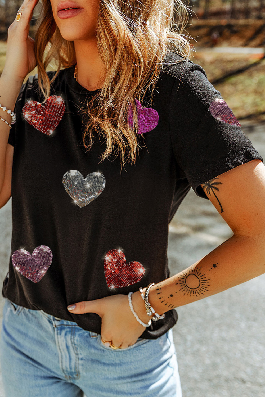 Her Heart Shines Bright Black Sequins/Heart Printed Top