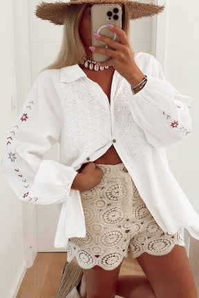 Chic And Sleek Floral Embroidered Puff Sleeve Eyelet Patchwork Top