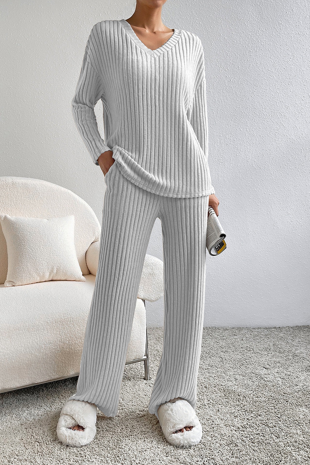 Lounge Mode Grey Ribbed Slouchy Two-piece Set