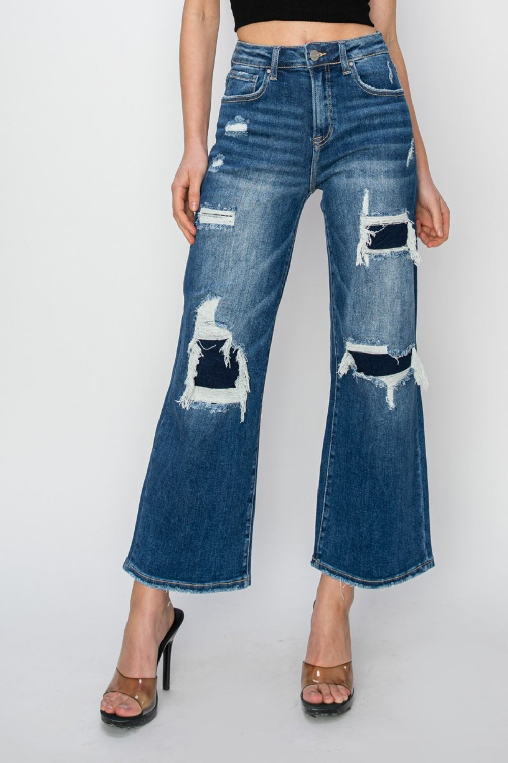 Jordan High Rise Patch Detailed Wide Leg Crop Jeans