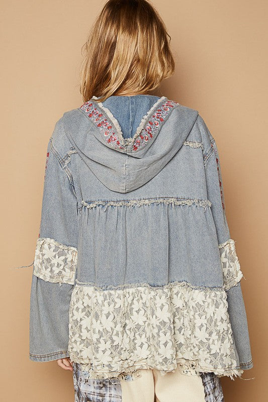 Dream A Little Bigger POL Embroidered Lace Patch Zip Up Hooded Jacket