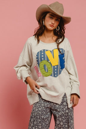 Love You More Heart Patch Slit French Terry Sweatshirt