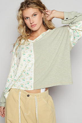 Playful In Floral Sage Crochet Patch V-Neck Top