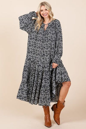 Flowing Flowers Tie Neck Flounce Sleeve Dark Navy Midi Dress - D55596NV