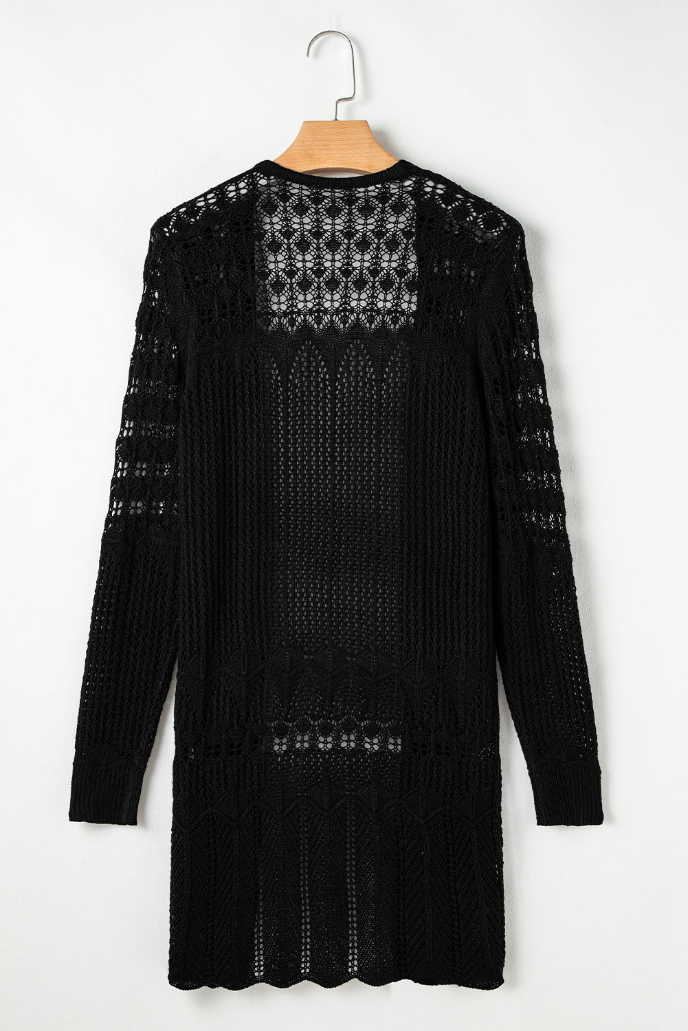 Woven Whispers Black Hollow Out Open Front Cardigan