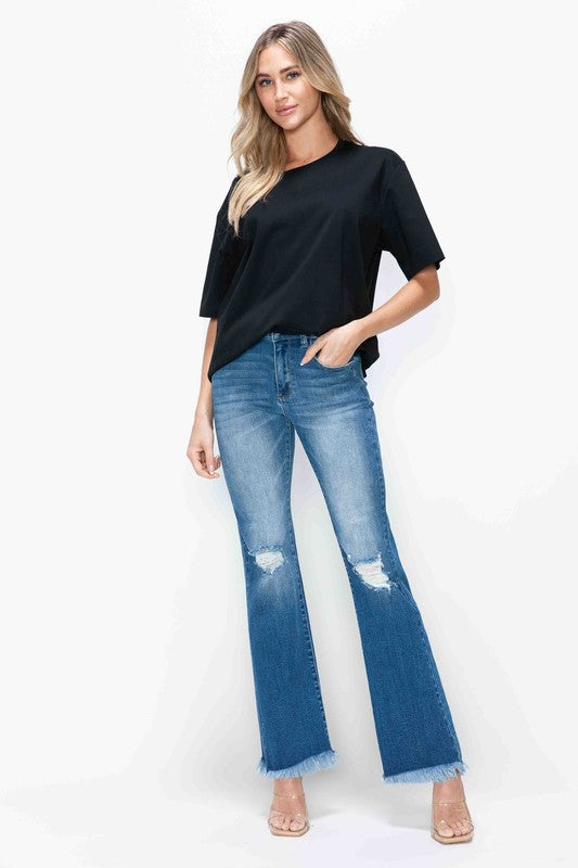 Mia Bytos Raw Hem Distressed High Rise Bootcut Jeans