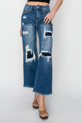 Jordan High Rise Patch Detailed Wide Leg Crop Jeans