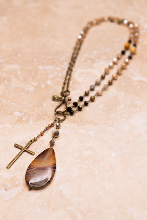 Brown Long Beaded Teardrop Stone/Bronze Cross Necklace - NEK4386BR