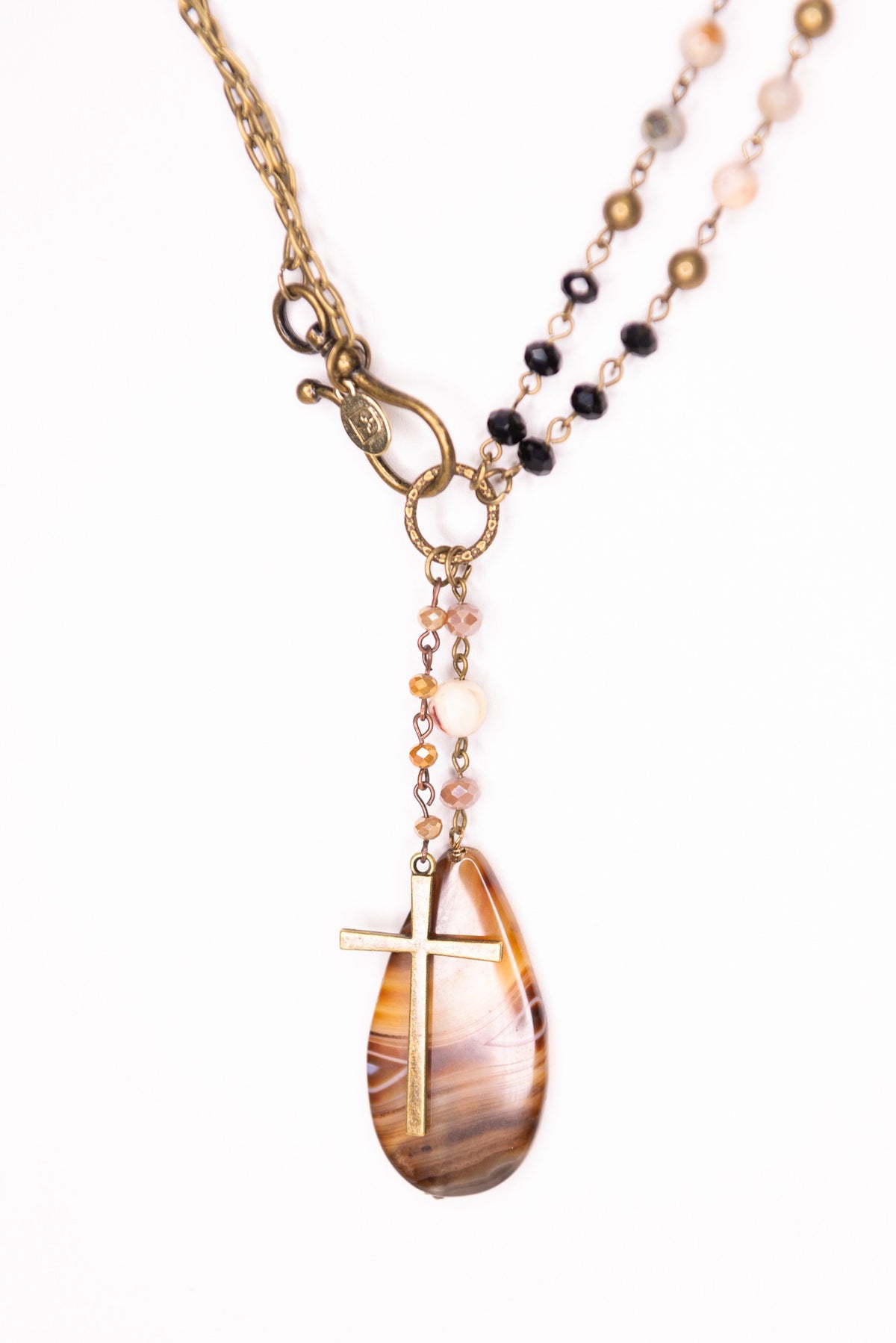 Brown Long Beaded Teardrop Stone/Bronze Cross Necklace - NEK4386BR