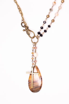 Brown Long Beaded Teardrop Stone/Bronze Cross Necklace - NEK4386BR