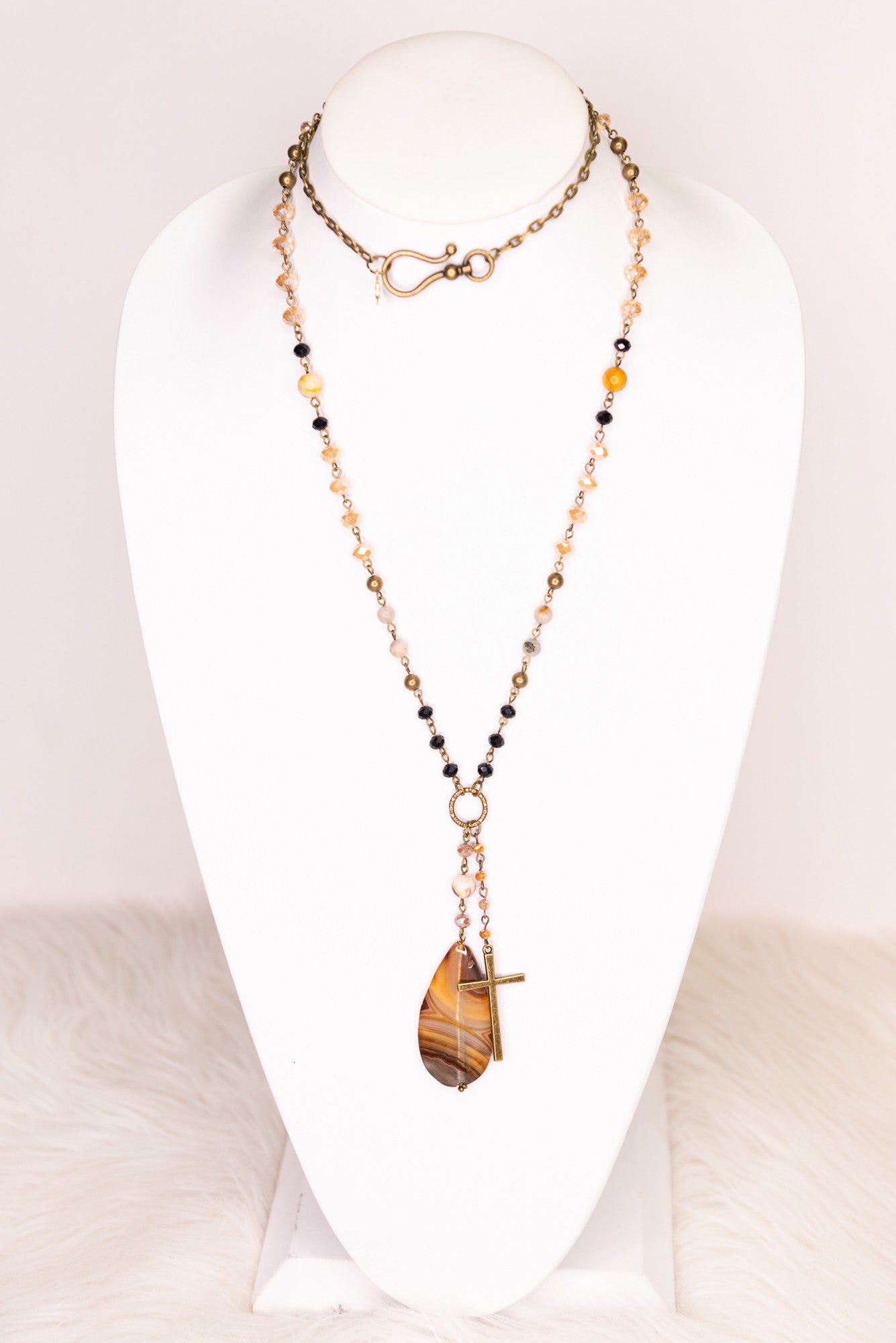 Brown Long Beaded Teardrop Stone/Bronze Cross Necklace - NEK4386BR