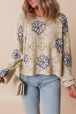 Wishing For This Beige Floral Print Sweater top