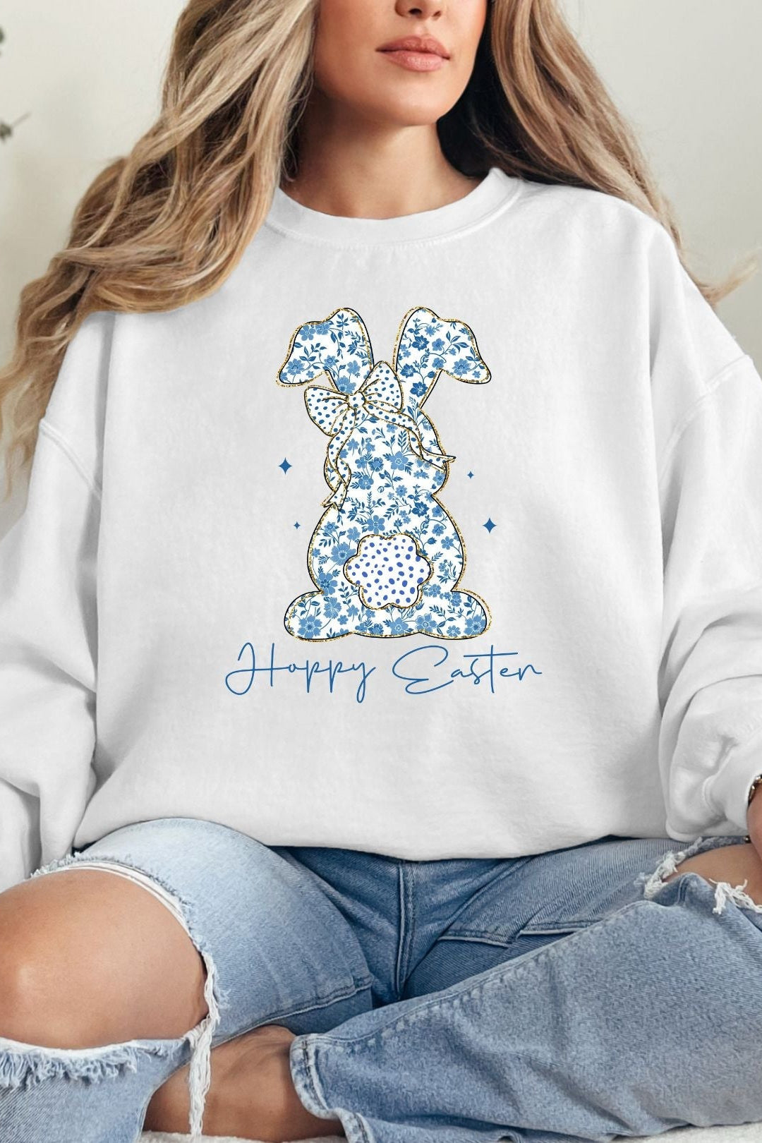 Blue Floral Bunny Graphic Sweatshirt