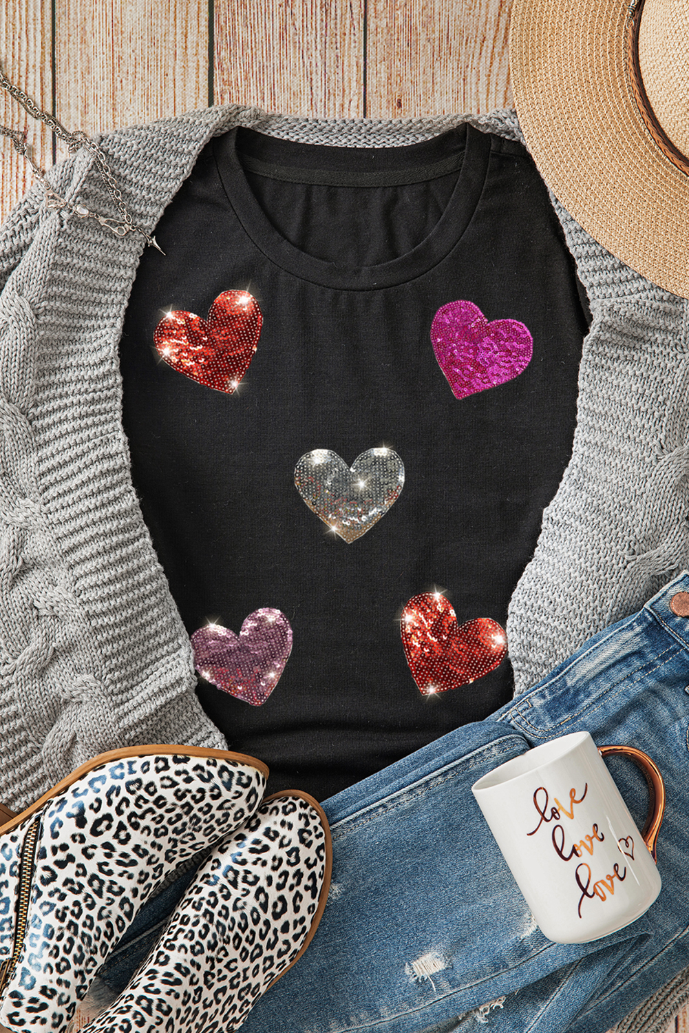 Her Heart Shines Bright Black Sequins/Heart Printed Top