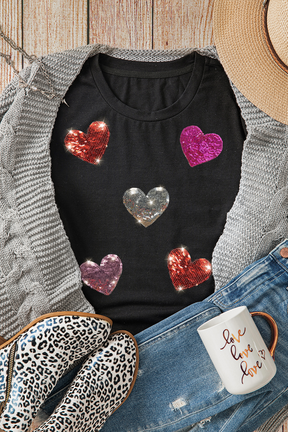 Her Heart Shines Bright Black Sequins/Heart Printed Top