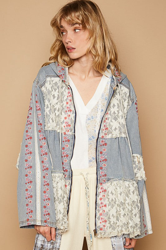 Dream A Little Bigger POL Embroidered Lace Patch Zip Up Hooded Jacket