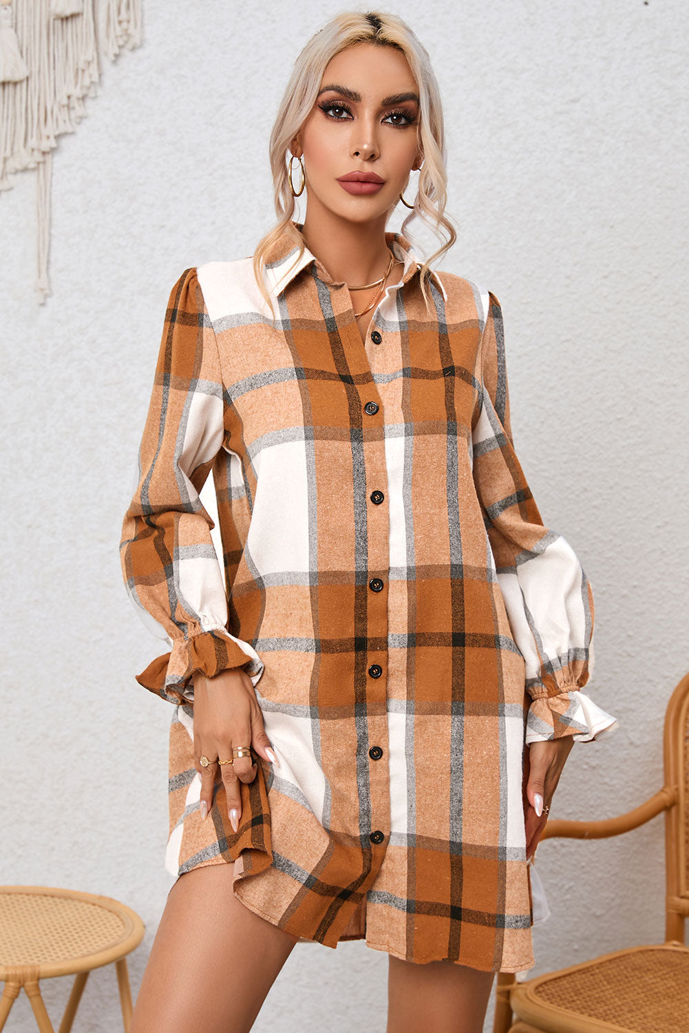 Boldly Plaid Khaki Plaid Pattern Collared Neck Ruffled Sleeve Shirt Dress