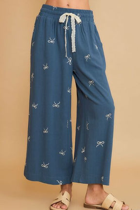 Bow Of Charm Dusty Blue Lace Drawstring Embroidered Wide Leg Pants - PNT1773BL