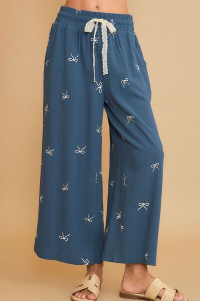 Bow Of Charm Dusty Blue Lace Drawstring Embroidered Wide Leg Pants - PNT1773BL