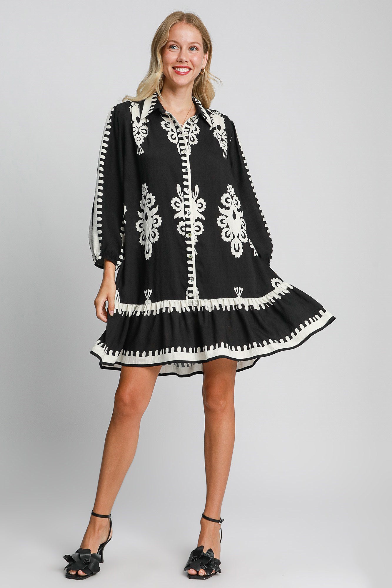 Borderline  Print Button Down Ruffled Hem Dress