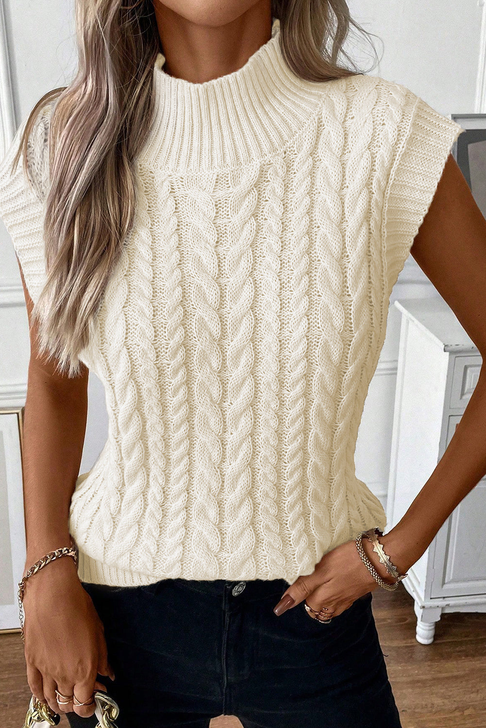 She's One To Remember Oatmeal Cable Knit High Neck Sweater Vest Top