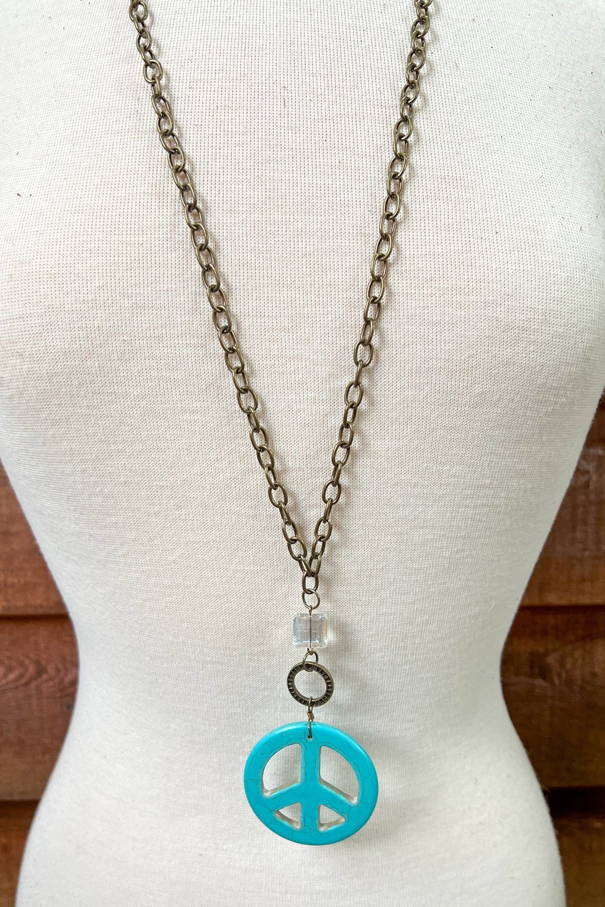 Turquoise Peace Sign Pendant Long Chain Link Necklace - NEK4410TU