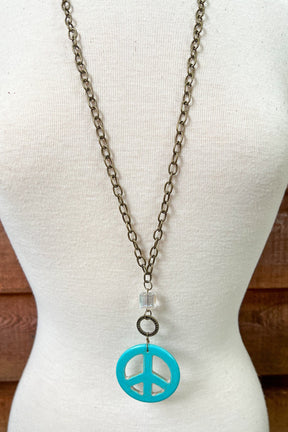 Turquoise Peace Sign Pendant Long Chain Link Necklace - NEK4410TU