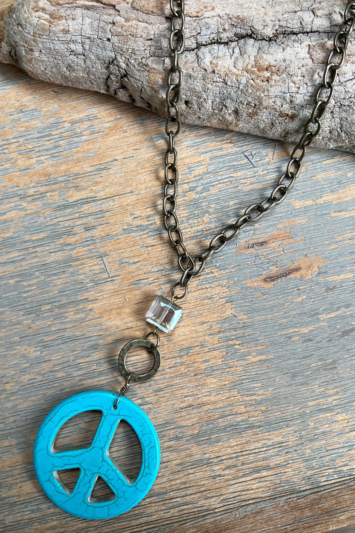 Turquoise Peace Sign Pendant Long Chain Link Necklace - NEK4410TU