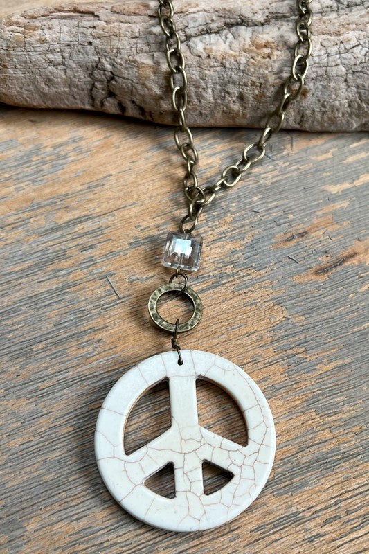 White Peace Sign Pendant Long Chain Link Necklace - NEK4384WH