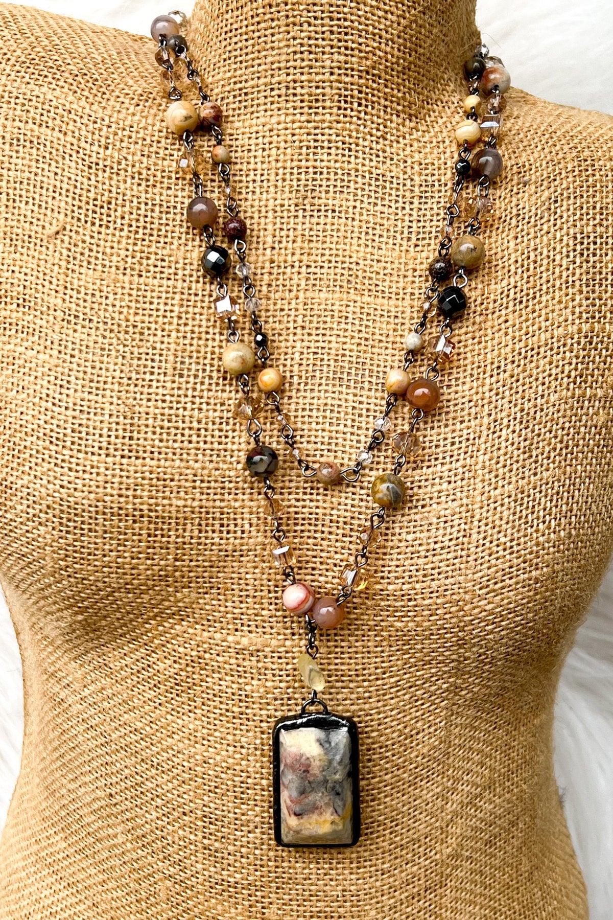 Brown Double Layered Beaded Rectangular Stone Pendant Necklace - NEK4387BR