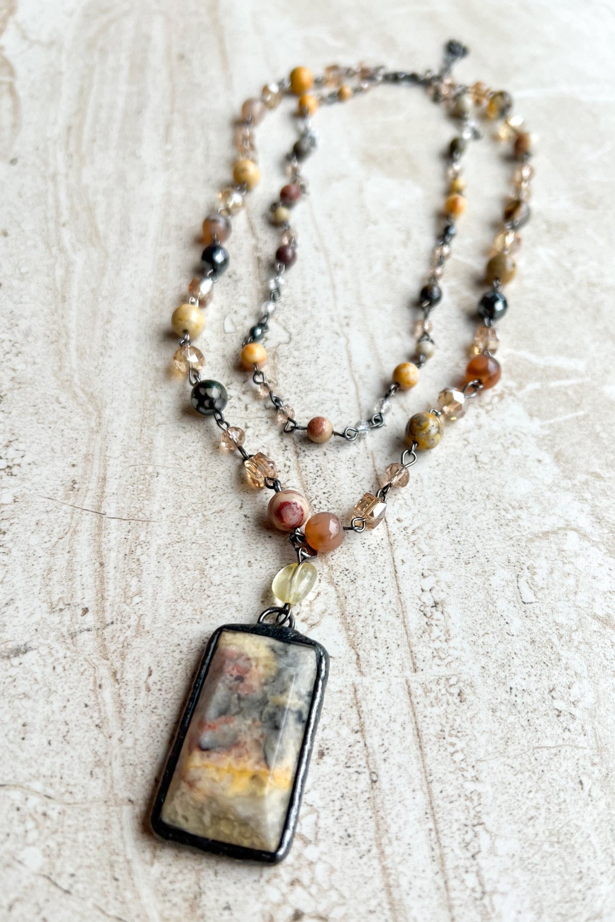 Brown Double Layered Beaded Rectangular Stone Pendant Necklace - NEK4387BR