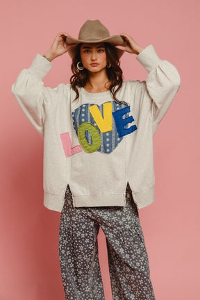 Love You More Heart Patch Slit French Terry Sweatshirt