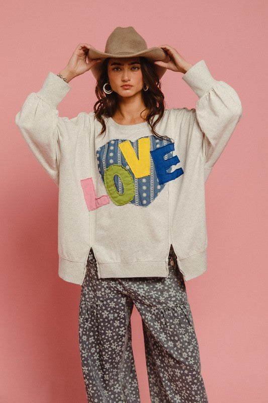 Love You More Heart Patch Slit French Terry Sweatshirt