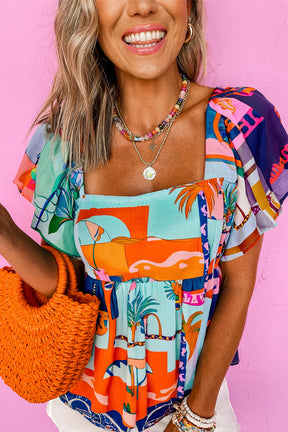 Tropic Twist Printed Square Neck Flutter Sleeve Babydoll Top