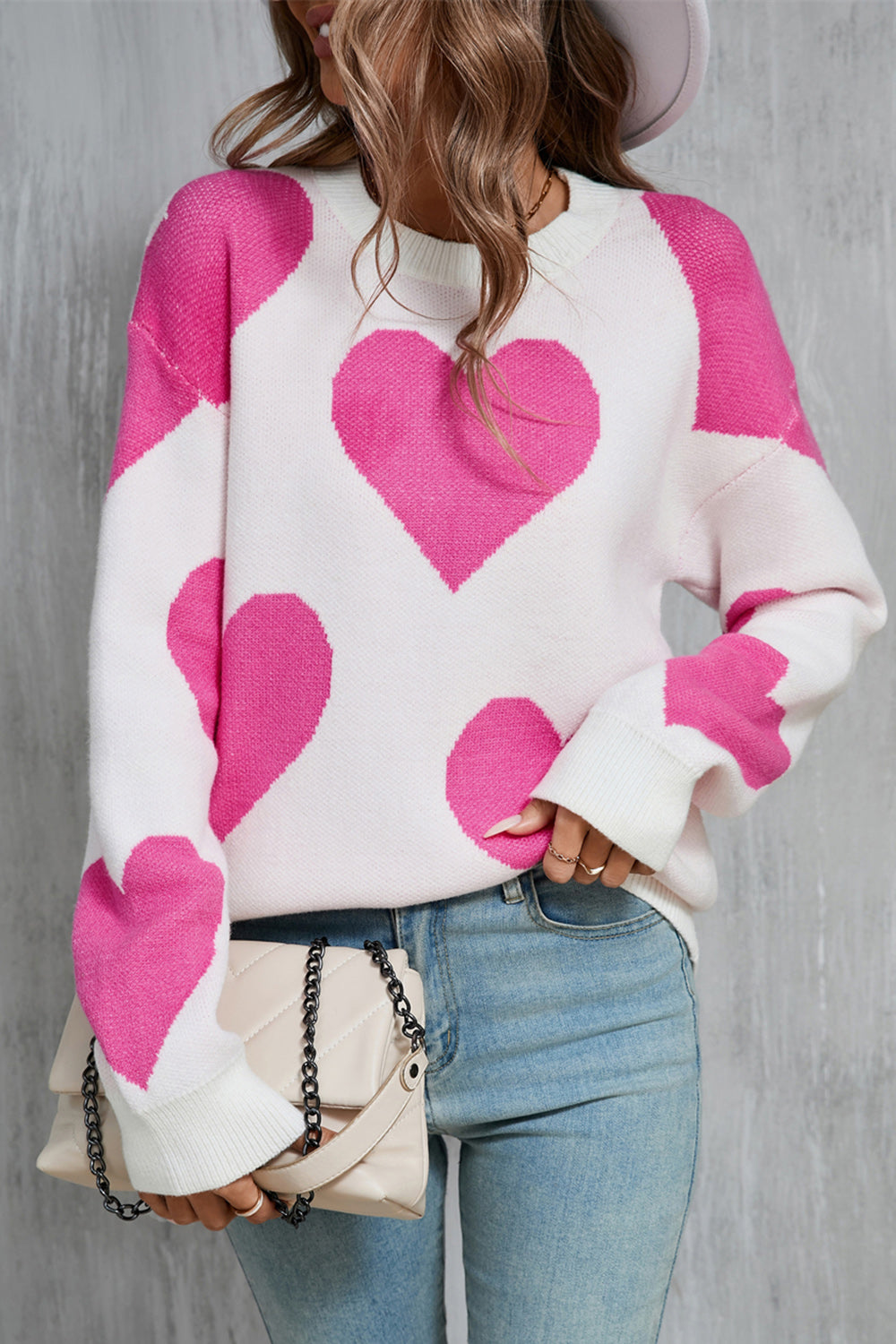 Angel Wings Contrast Heart Dropped Shoulder Long Sleeve Sweater (2 Colors)