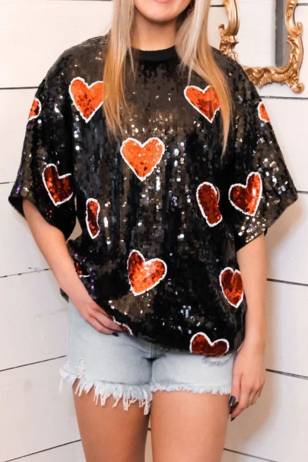 Valentine’s Day Sequin Heart Round Neck Half Sleeve Top (2 Colors)