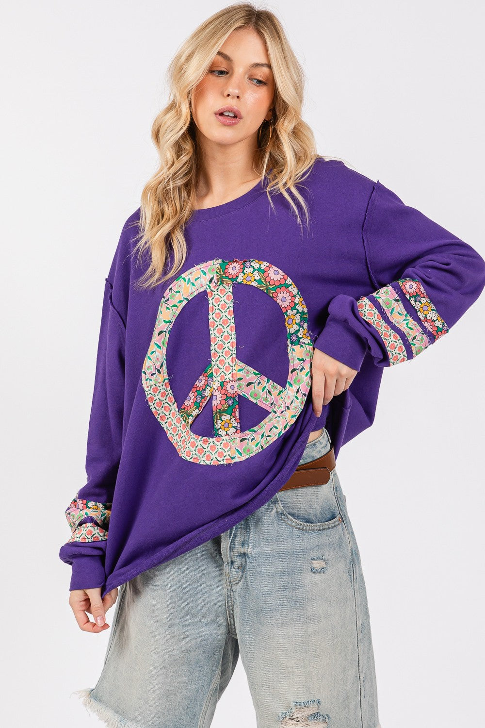 Peace Out Loud Applique Patch Long Sleeve Top