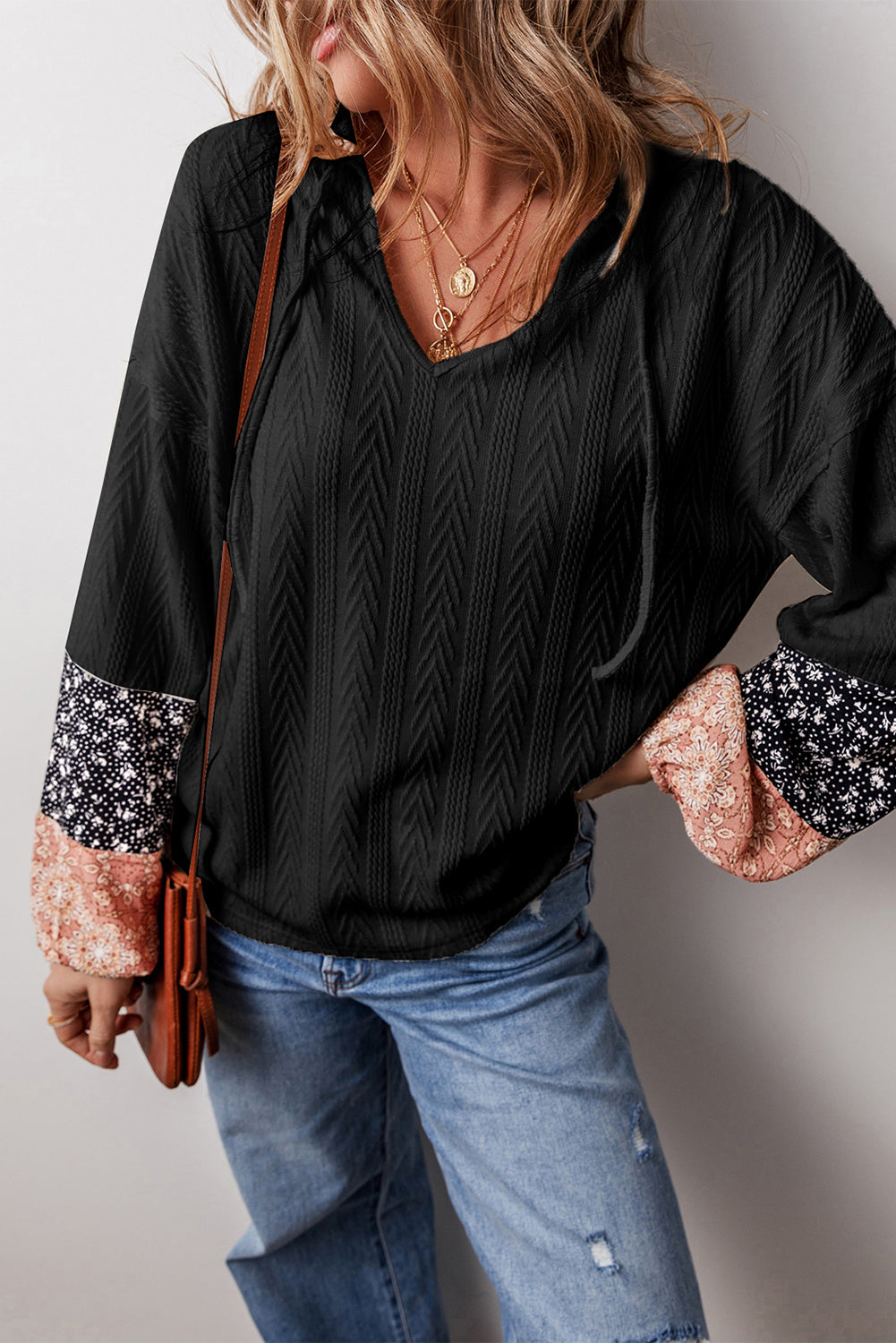 Patch Perfect Black Floral Patchwork V Neck Blouse