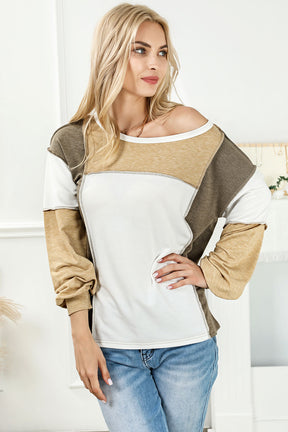 Never Backing Down Khaki Color Block Patchwork Top