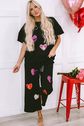 Don't Go Breaking My Heart Black Sequins/Heart Printed Top/Pant(2pc Set)