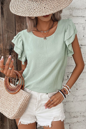 Aqua- Fresh Solid Color Ruffled Short Sleeve Casual Blouse