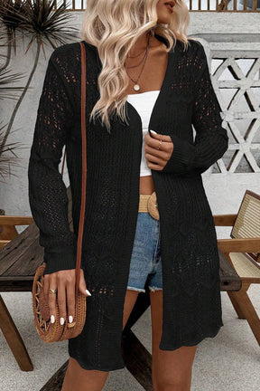 Woven Whispers Black Hollow Out Open Front Cardigan